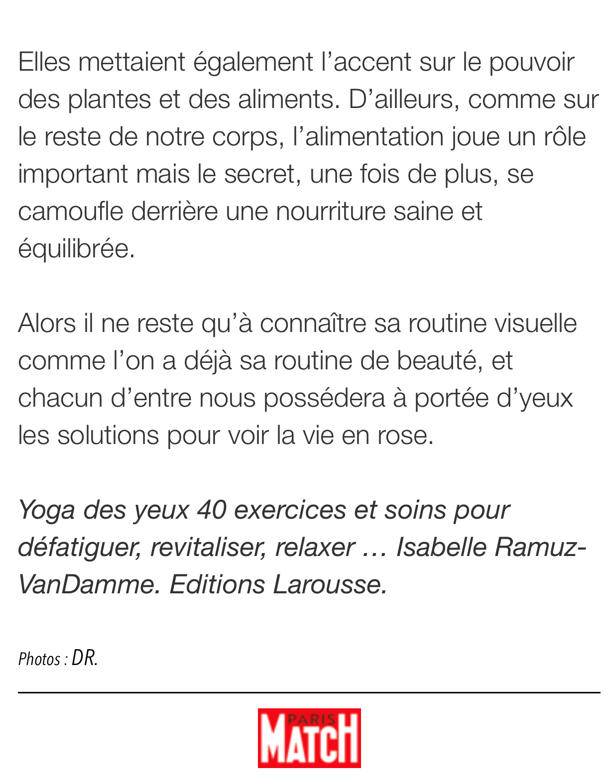 article yoga des yeux Paris Match oct 2018